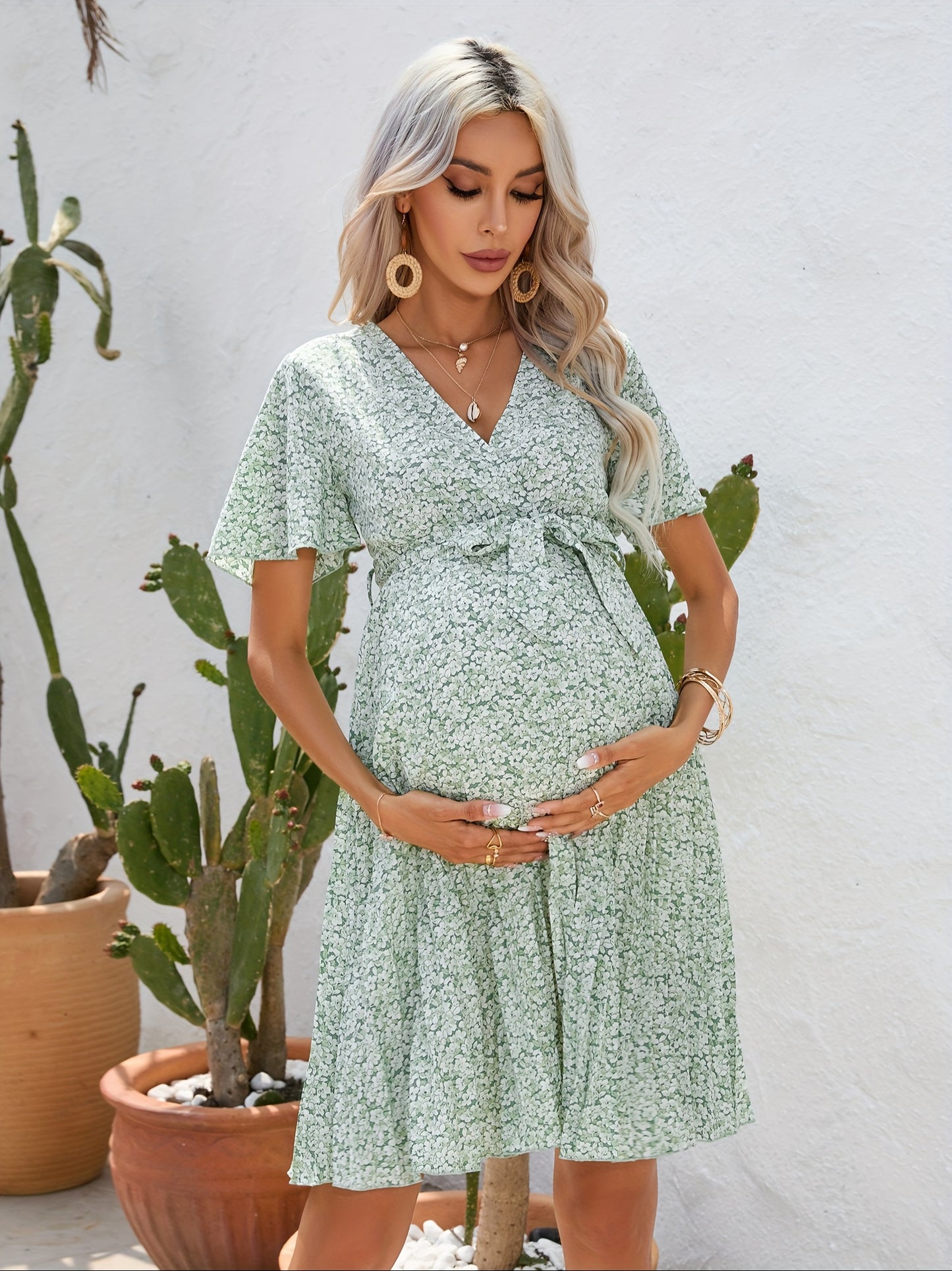 Bohemian Floral Print Belted Waist Short Sleeve Maternity Dress , Elegant Maternity Dress For Summer, Women's Maternity Dress