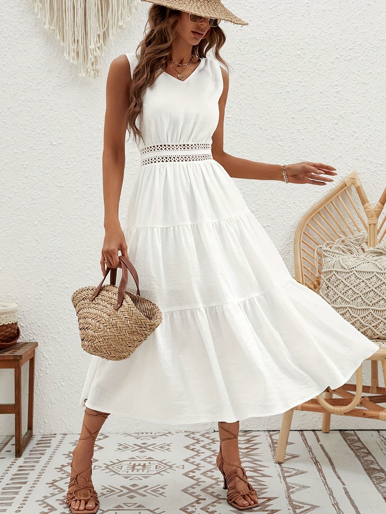 Elegant White Sleeveless Lace Midi Dress, Bohemian White Sleeveless Tiered Dress, Wedding party Dress, Cocktail Party DressWomen's Clothing