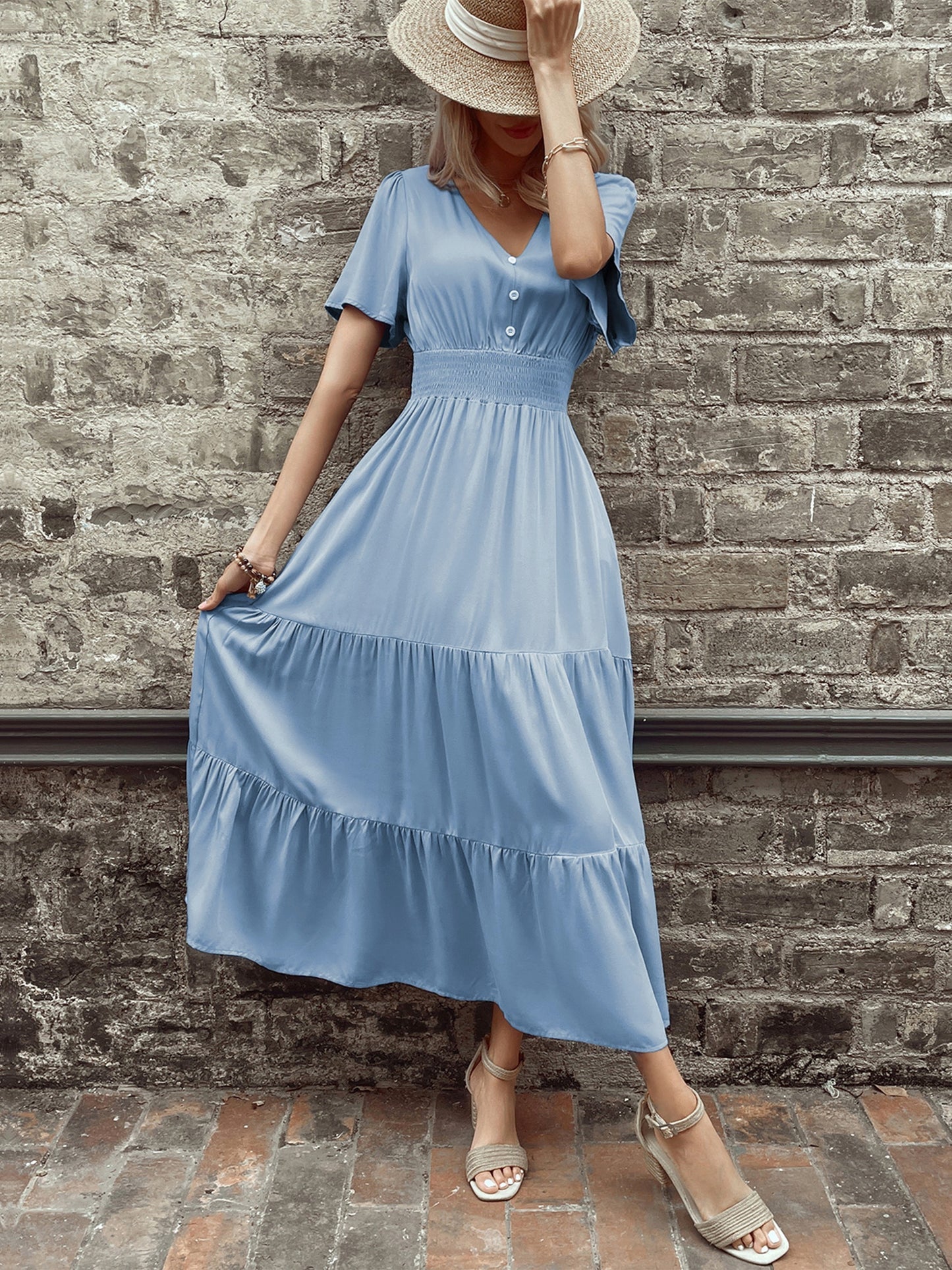 Bohemian Shirred Waist Dress - Boho Dresses for Women; Elegant Button Front Dress, Summer Dress for women; Summer boho dress