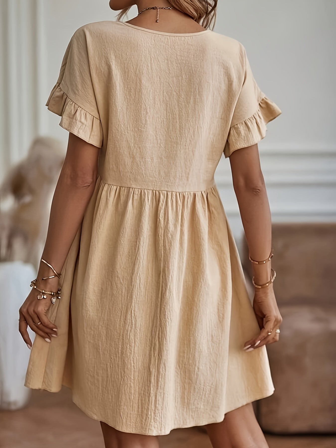 Elegant Solid Short Sleeve Mini Dress, Bohemian Cotton Mini Dress For Spring & Summer, Women's Clothing