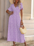 Ditsy Floral Print Short Sleeve Slit Dress, Elegant Short Sleeve Midi Dress For Spring & Summer, Women's Boho Dress