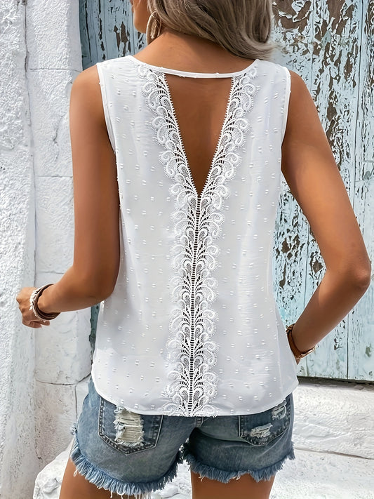 White Backless Tank Top, White Lace Sleeveless Tank Top For Summer, Women's Clothing