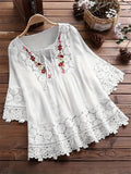 Bohemian Embroidered Cotton Short Sleeve Blouse, Elegant Embroidered Cotton Short Sleeve Blouse, White Tassel Tie Blouse, Elegant Embroidered Blouse