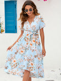 Bohemian Floral Ptint Short Sleeve Maternity Dress With Bow Tie For Summer, Elegant Floral Print Bow Tie Maternity Dress For Spring and Summer, Women's Maternity Dress