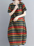 Bohemian Striped Pocket Loose Dress, Vintage Short Sleeve Pocket Midi Dress, Women's Clothing