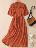 Elegant Button Front Notched Neck and Tie Waist Dress For Spring & Summer, Women's Clothing