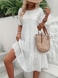White Eyelet Embroidered Ruffle Dress for Spring and Summer, Women's Clothing