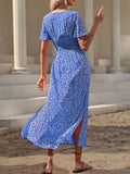 Ditsy Floral Print Short Sleeve Slit Dress, Elegant Short Sleeve Midi Dress For Spring & Summer, Women's Boho Dress