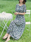 Bohemian Floral Print Drawstring Short Sleeve Loose Dress, Elegant Short Sleeve Dress For Spring & Summer, Women's Clothing