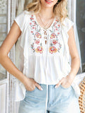 Vintage Embroidered Floral Short Sleeve, Bohemian Ruffle Trim Blouse For Spring & Summer, Women's Boho Tops