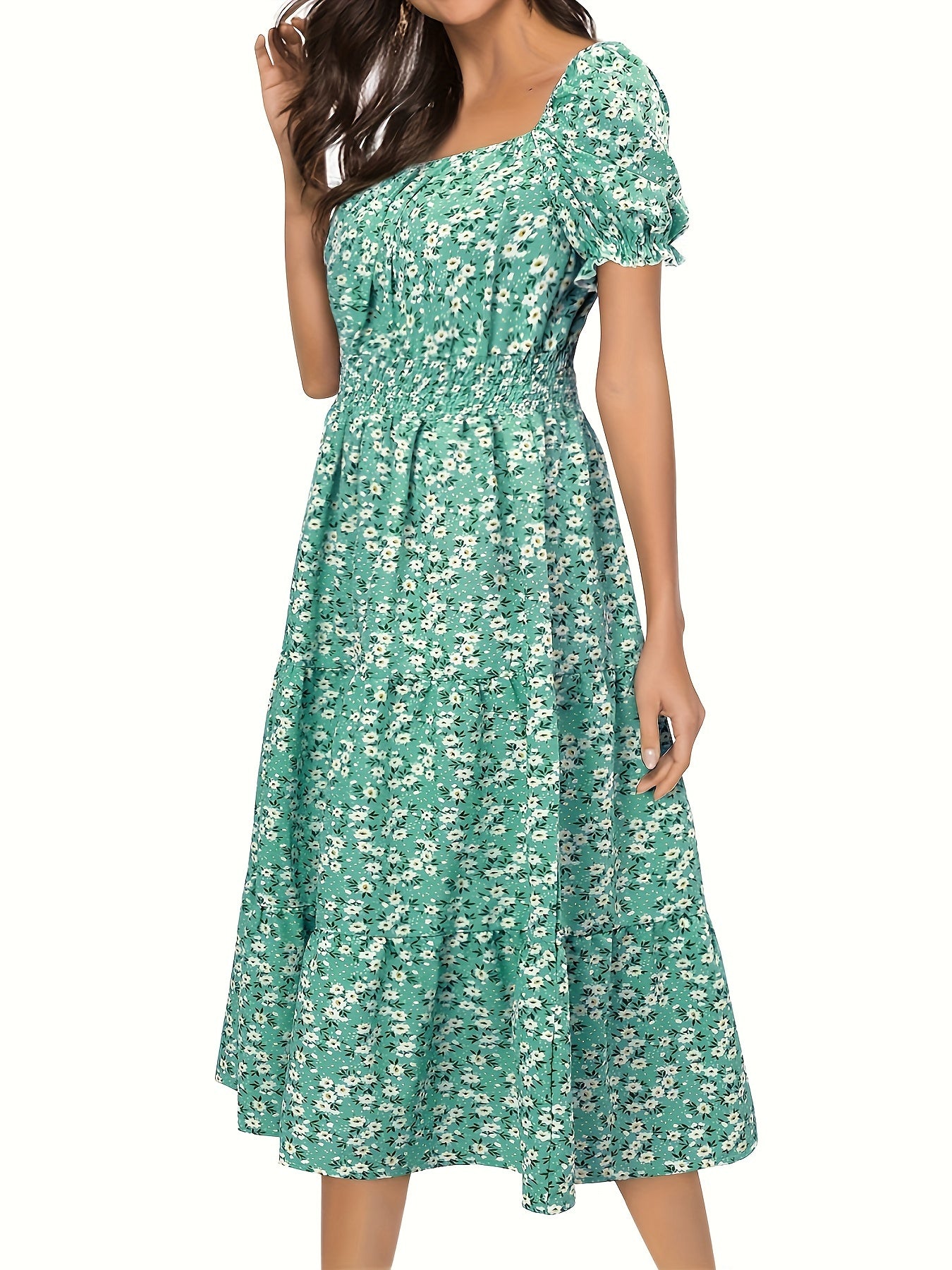 Ditsy Floral Print Square Neck Tiered Dress, Elegant Puff Sleeve Dress For Spring & Summer, Women's Boho Dress