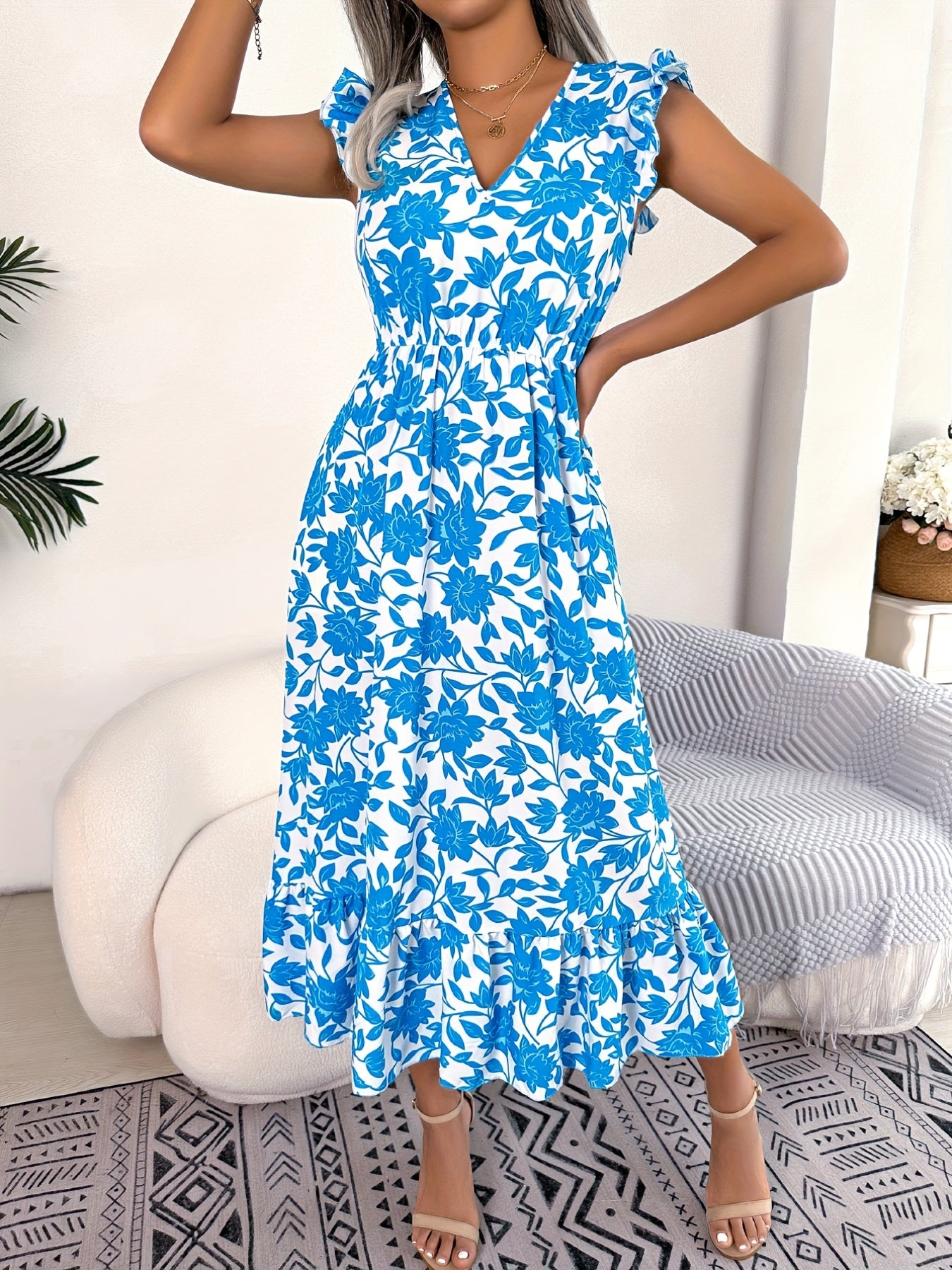 Bohemian Floral Print Ruffle Dress, Elegant Midi Dress For Spring & Summer, Cocktail Party Dress
