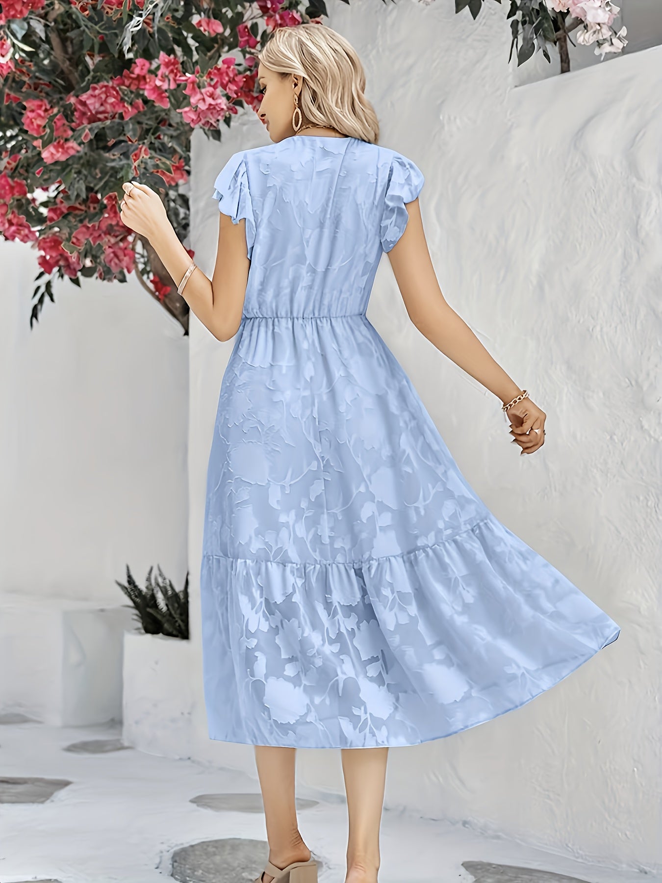 Bohemian Blue Floral Midi Dress, Elegant  Ruffle Sleeve Midi Dress, Wedding Party Dress, Cocktail Party Dress