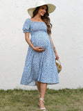 Ditsy Floral Print Puff Sleeve Maternirt Dress, Elelgant Beautiful Flower Square Neck Maternity Dress For Spring and Summer, Women's Maternity Dress