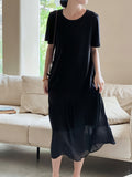 Black Silk Linen Short Sleeve Dress, Elegant Silk Linen Short Sleeve Dress For Spring & Summer, Women's Silk Linen Dress