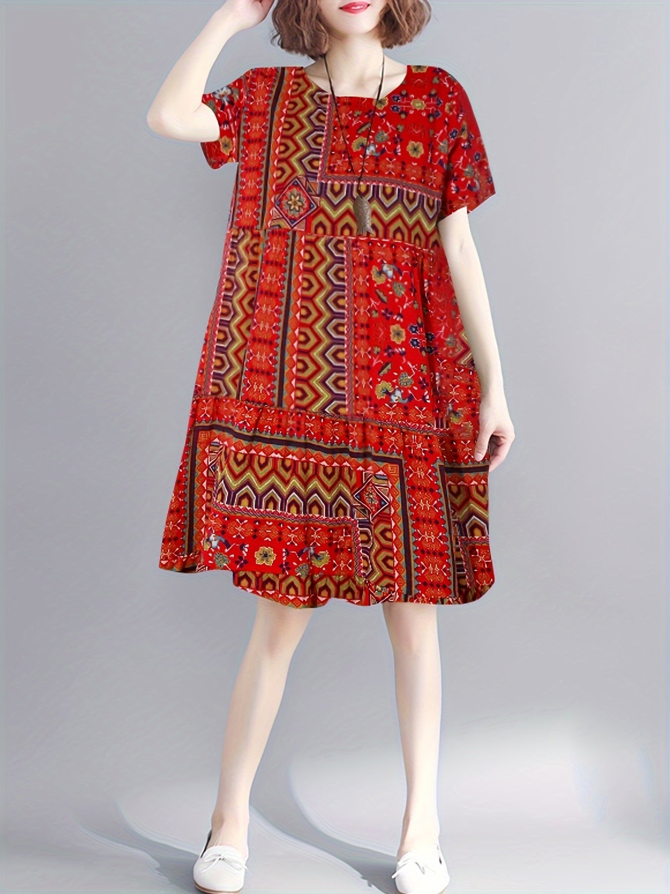 Bohemian Ethnic Print Short Sleeve Dress, Elegant Loose Mini Dress, Women's Dress