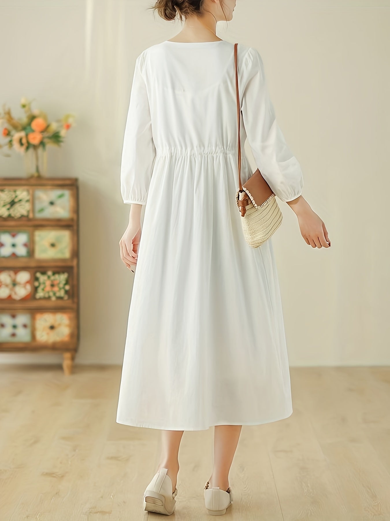 White Cotton Embroidered Drawstring Long Sleeve Dress, Elegant Cotton Dress For Spring & Fall, Women's White Cotton Dress