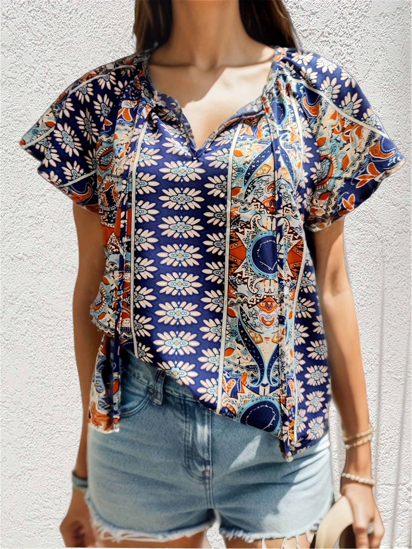 Graphic Print Casual Short Sleeve Blouse For Spring & Summer, Women's Blouse