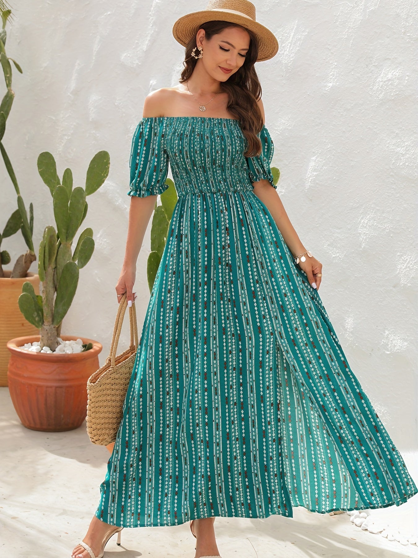 Bohemian Geometric Print Off Shoulder Side Slit Dress, Vacation  Dress, Cocktail Party Dress For Spring & Summer, Women's Clothing