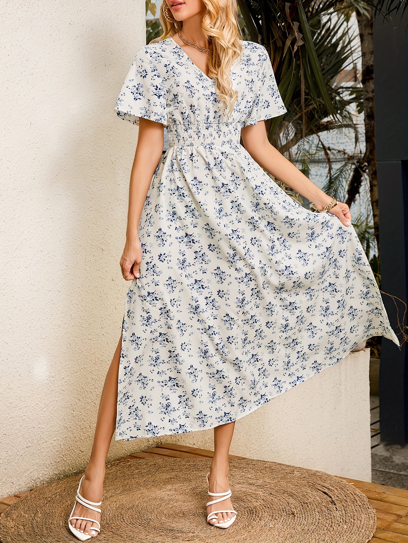 Bohemian Floral Print Side Slit Midi Dress, Elegant Ruffle Sleeve Midi Dress For Spring & Summer, Women's Clothing