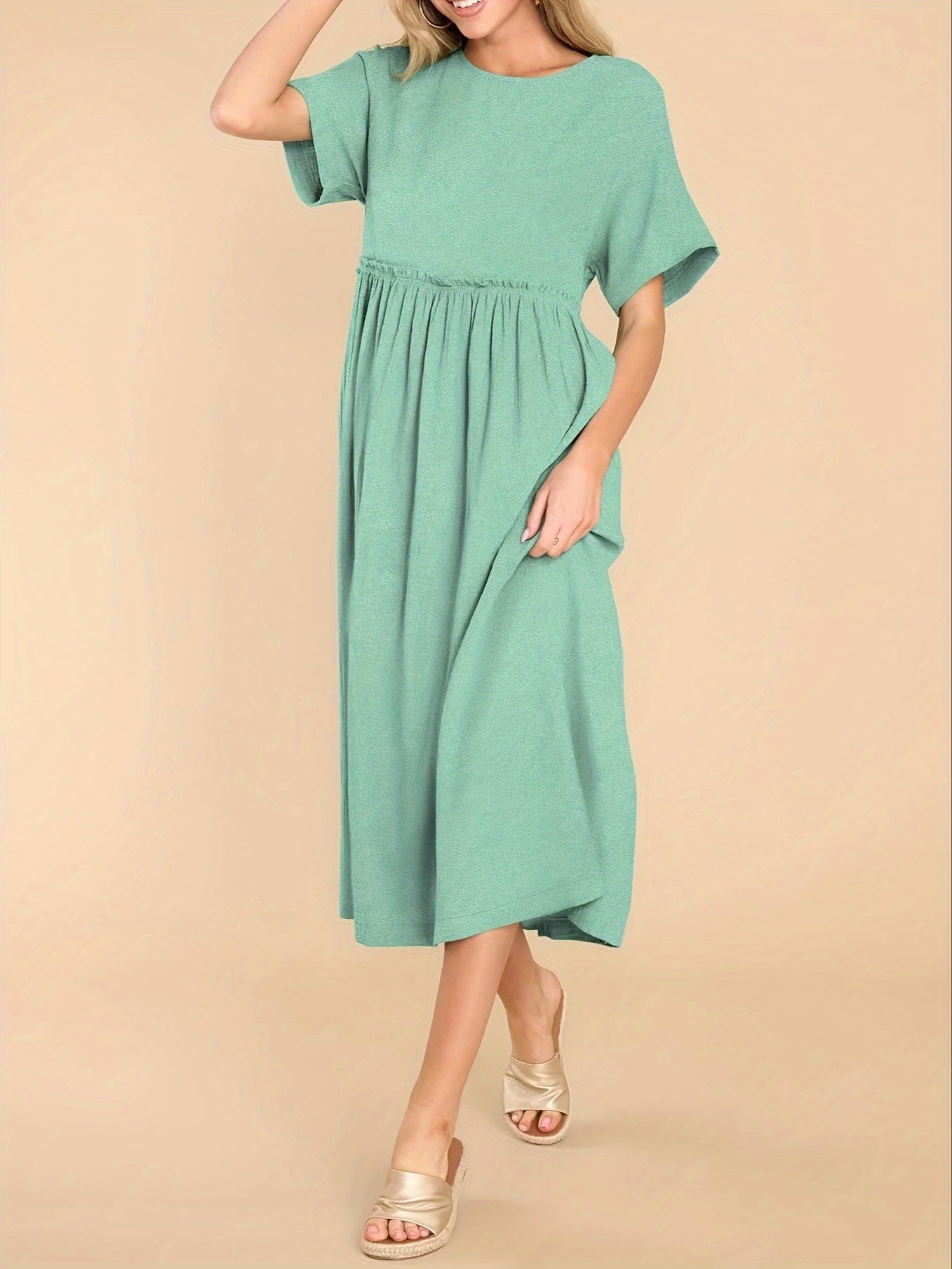 Bohemian Solid Color Short Sleeve Midi Dress With Pocket, Elegant Ruffle Dress With Pocket For Spring and Summer, Women's Dress