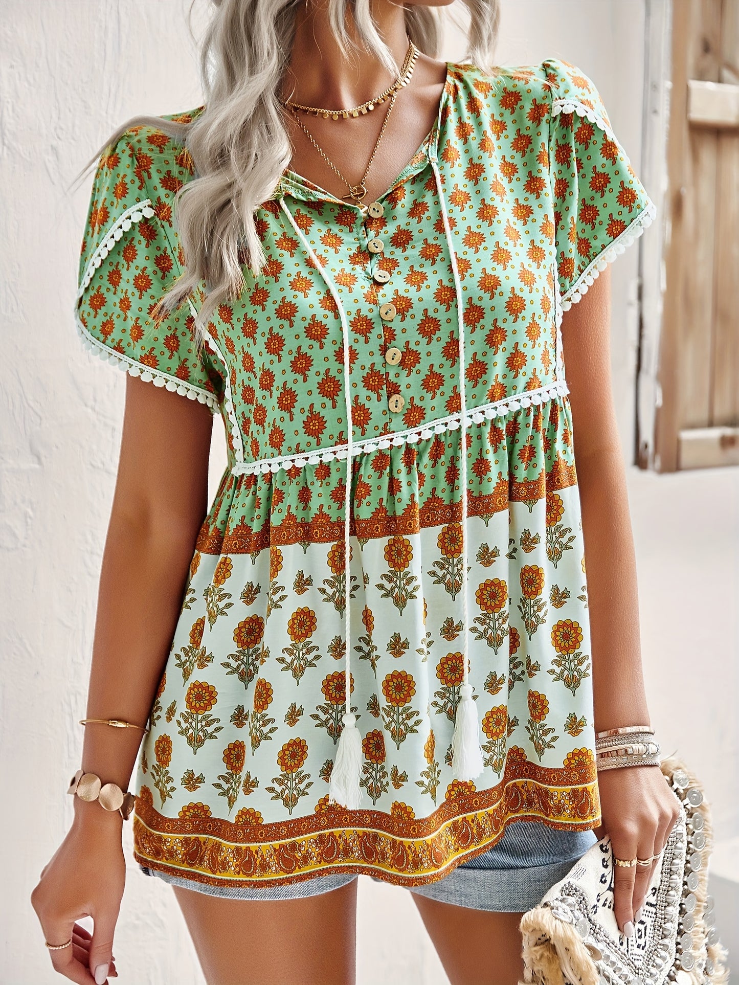 Bohemian Floral short sleeve women summer Blouse For Spring & Summer, Women's Clothing