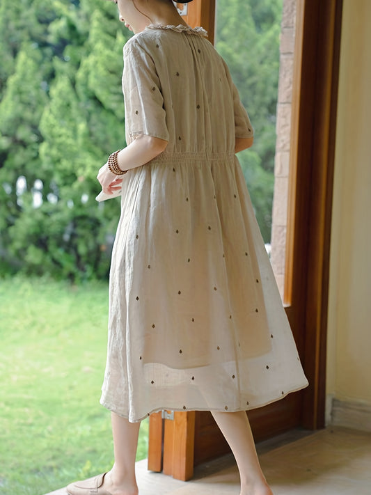 Vintage Cotton Embroidered Ruffle Neckline Midi Dress With Pocket, Elegant V Neck Short Sleeve Dress With Pocket For Spring and Summer, Women's Bohemian Dress, Elegant Midi Dress