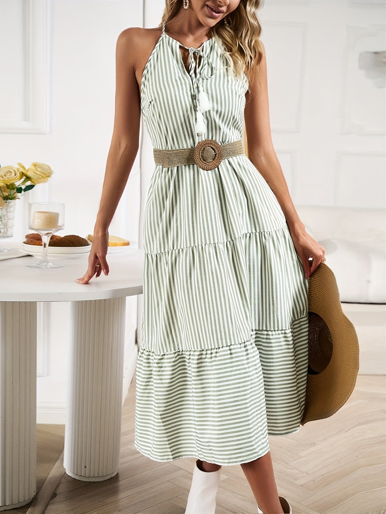 Bohemian Striped Tassel Detail Buttoned Midi Halter Dress - Cottage Floral Print Dress - Boho Dresses for Women - Summer Dress for women
