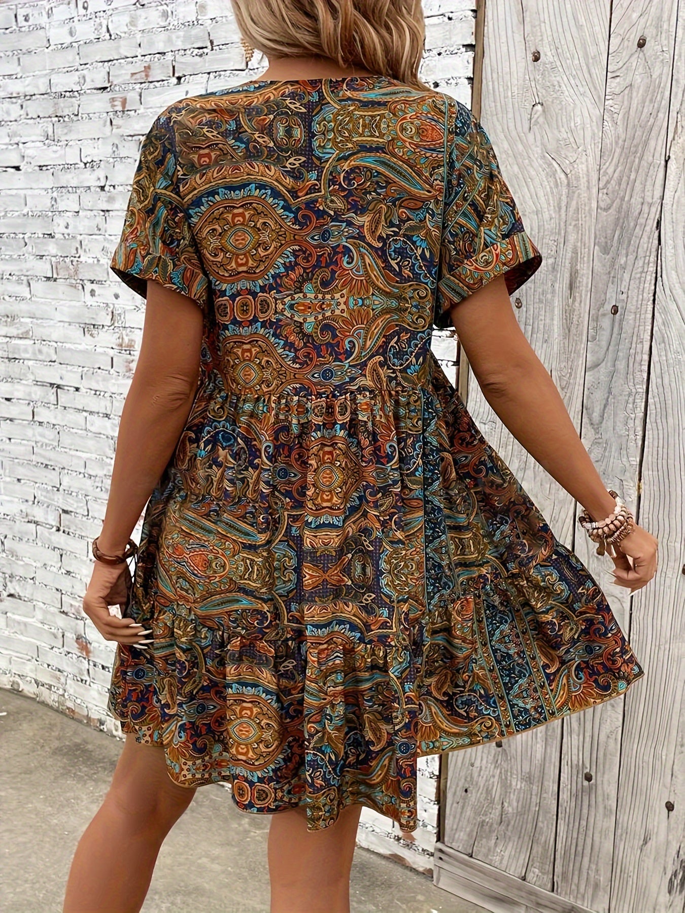 Vibrant Tribal Print Loose Fit Dress - Flowy, Relaxed V-Neck Summer Dress