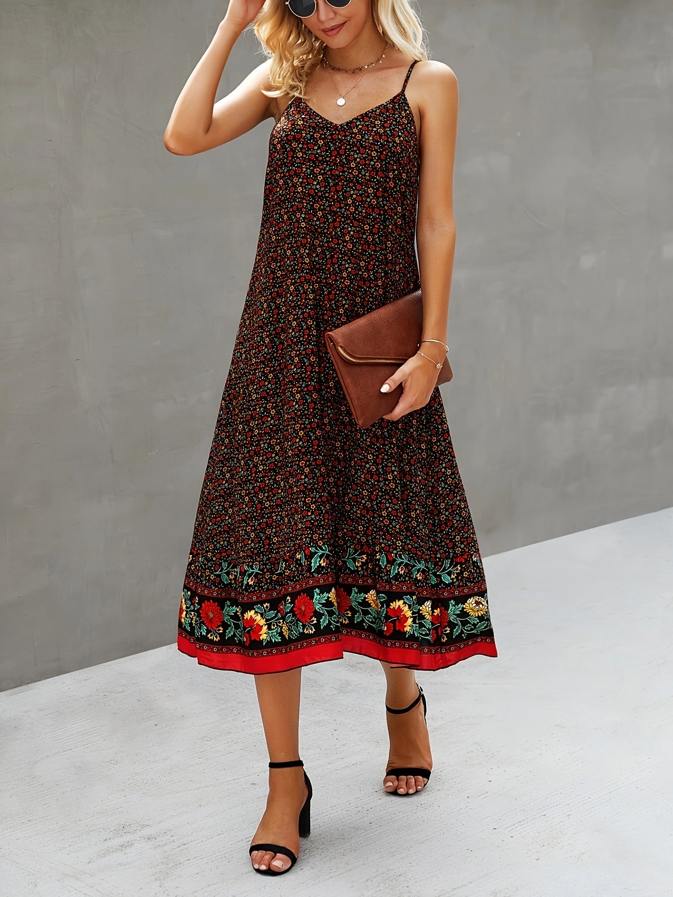 Bohemian Floral Print Cami Sleeveless Dress, Bohemian Spaghetti Strap Midi Dress For Summer, Women's Clothing