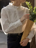 French Cotton Loose Fit White Shirt; Ruffle Trim white blouse, Women Cotton shirt, long sleeve Cotton top, Cotton shirt