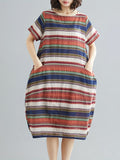 Bohemian Striped Pocket Loose Dress, Vintage Short Sleeve Pocket Midi Dress, Women's Clothing