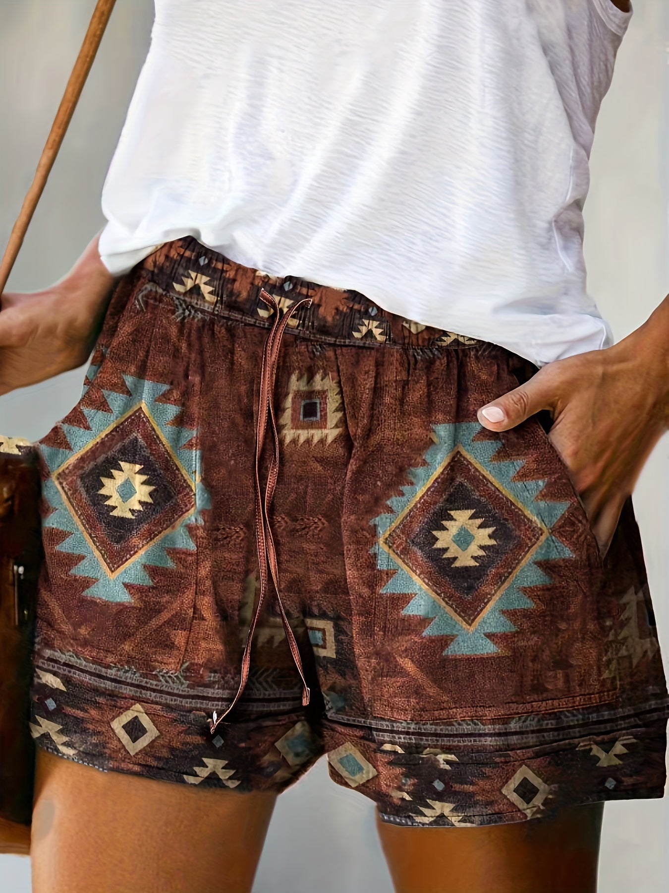 Boho Aztec Print Tie Waist Shorts - Vintage Loose Summer Shorts with Pockets