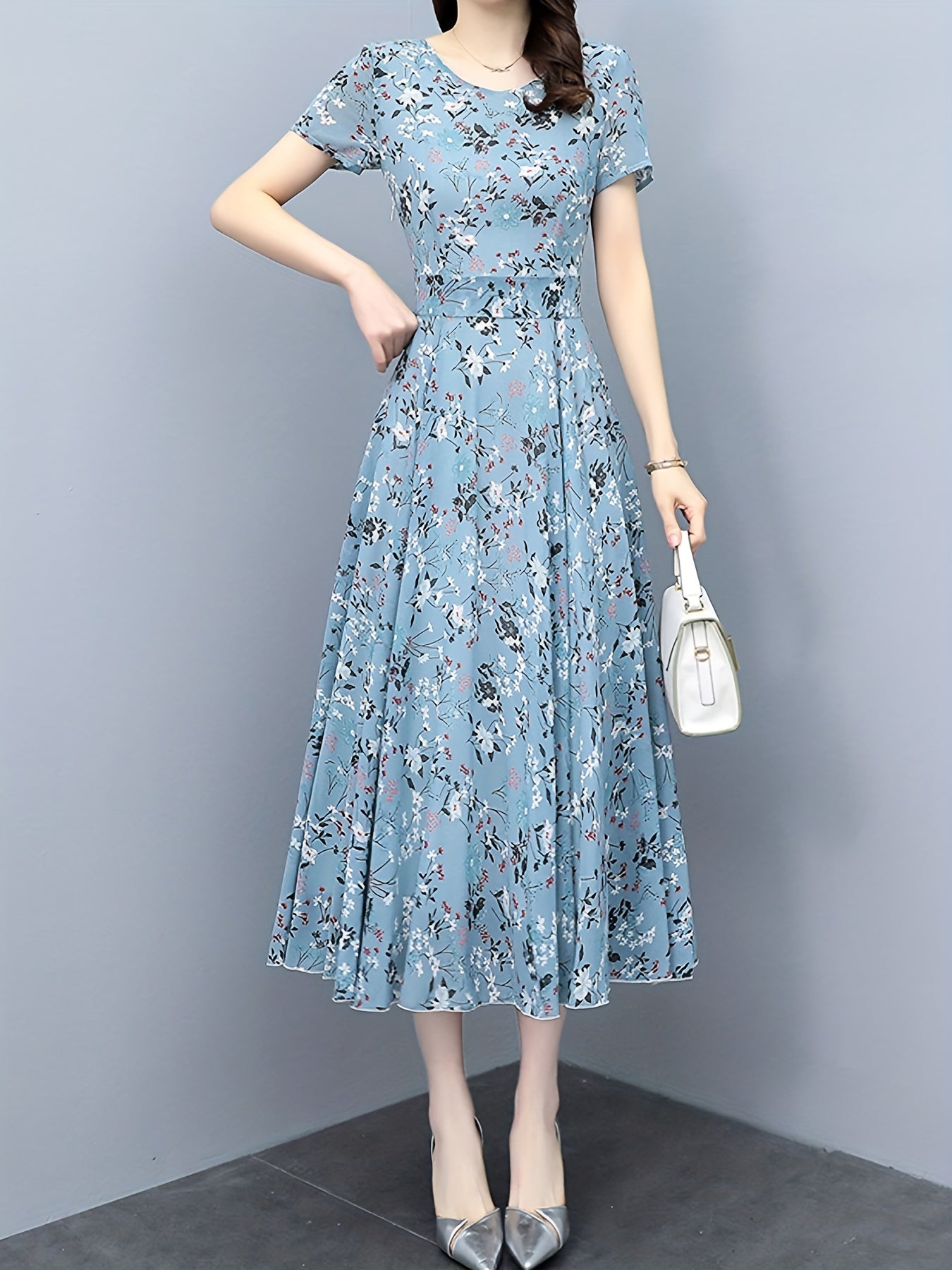 Bohemian Floral Print MIdi Dress, Elegant Short Sleeve Dress For Spring and Summer, Cocktail Party Dress