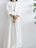 White Linen Long Sleeve Loose Dress With Pocket, Vintage Linen Long Sleeve Loose Dress With Pocket For Spring & Fall, Women's Linen Dress