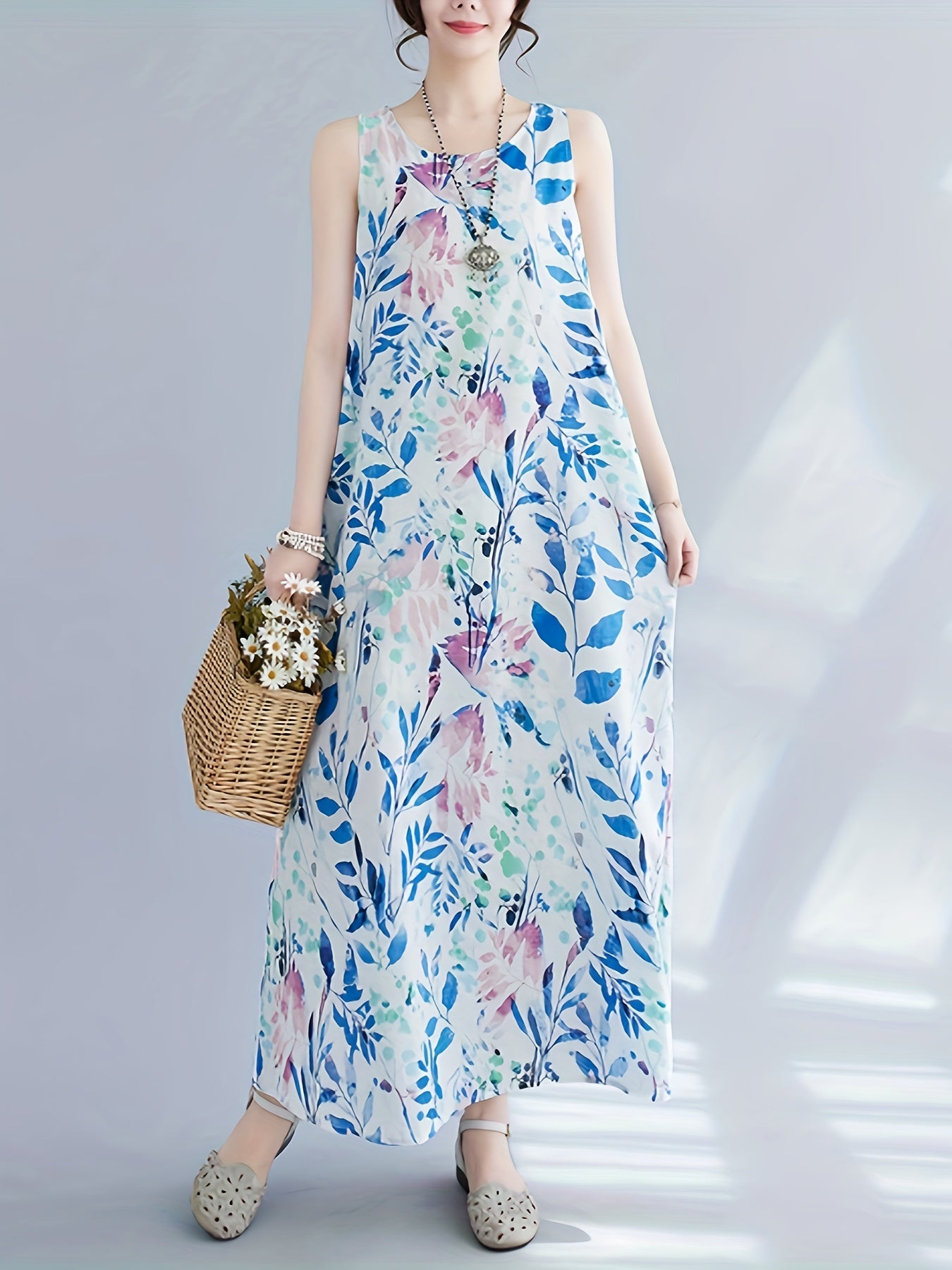 Bohemian Leaves Print Sleeveless Loose Dress With Pocket, Elegant Sleeveless Loose Dress For Spring & Summer, Women's Dress