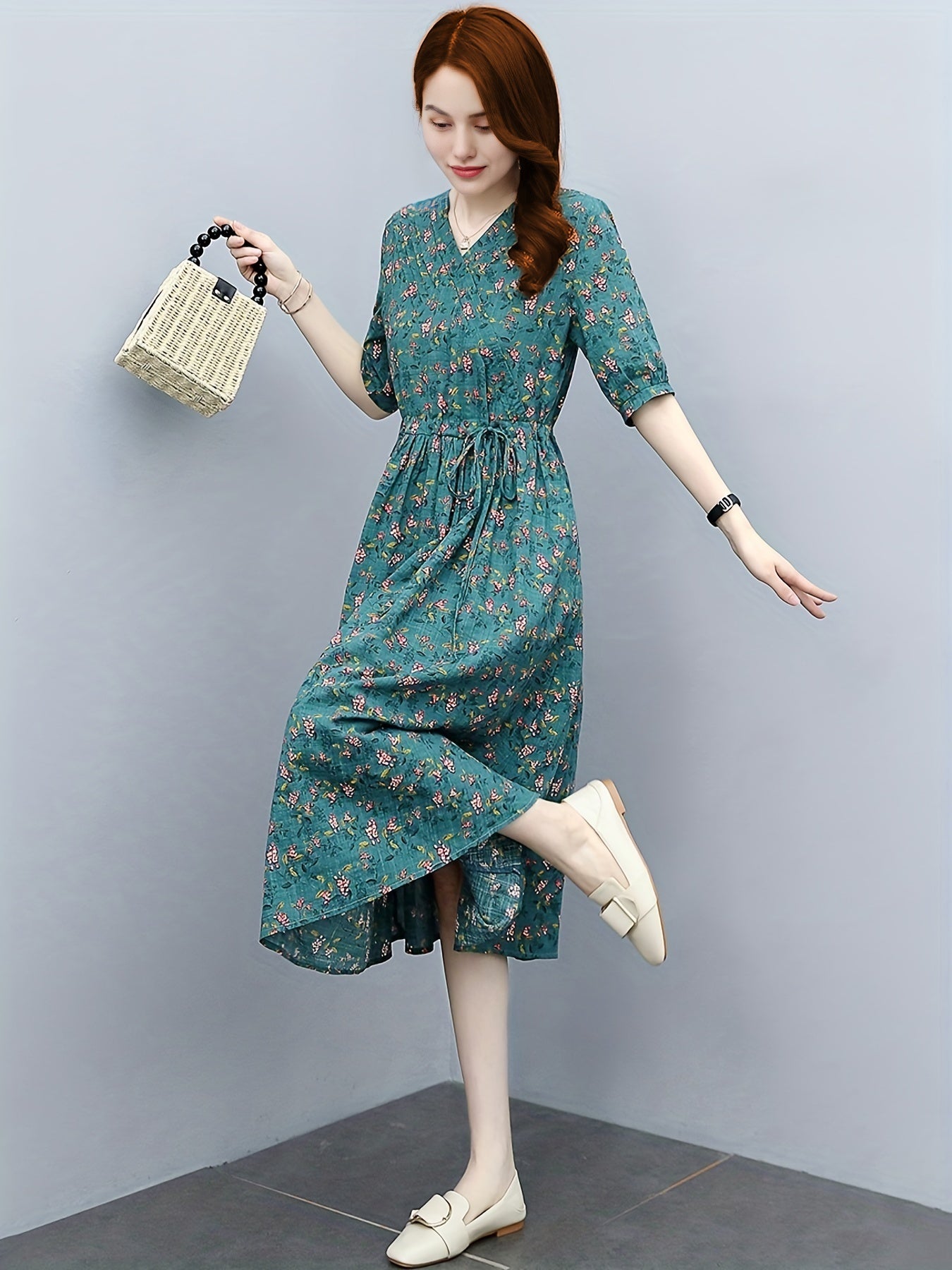 Ditsy Vintage Floral Print Tie Waist Midi Dress for Spring and Summer, Women's Clothing