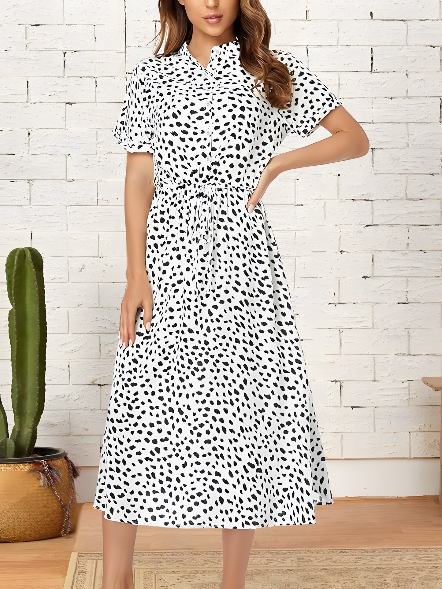 Bohemian Polka Dots Print Drawstring Midi Dress, Elegant Short Sleeve Dress For Spring and Summer, Women's Dress