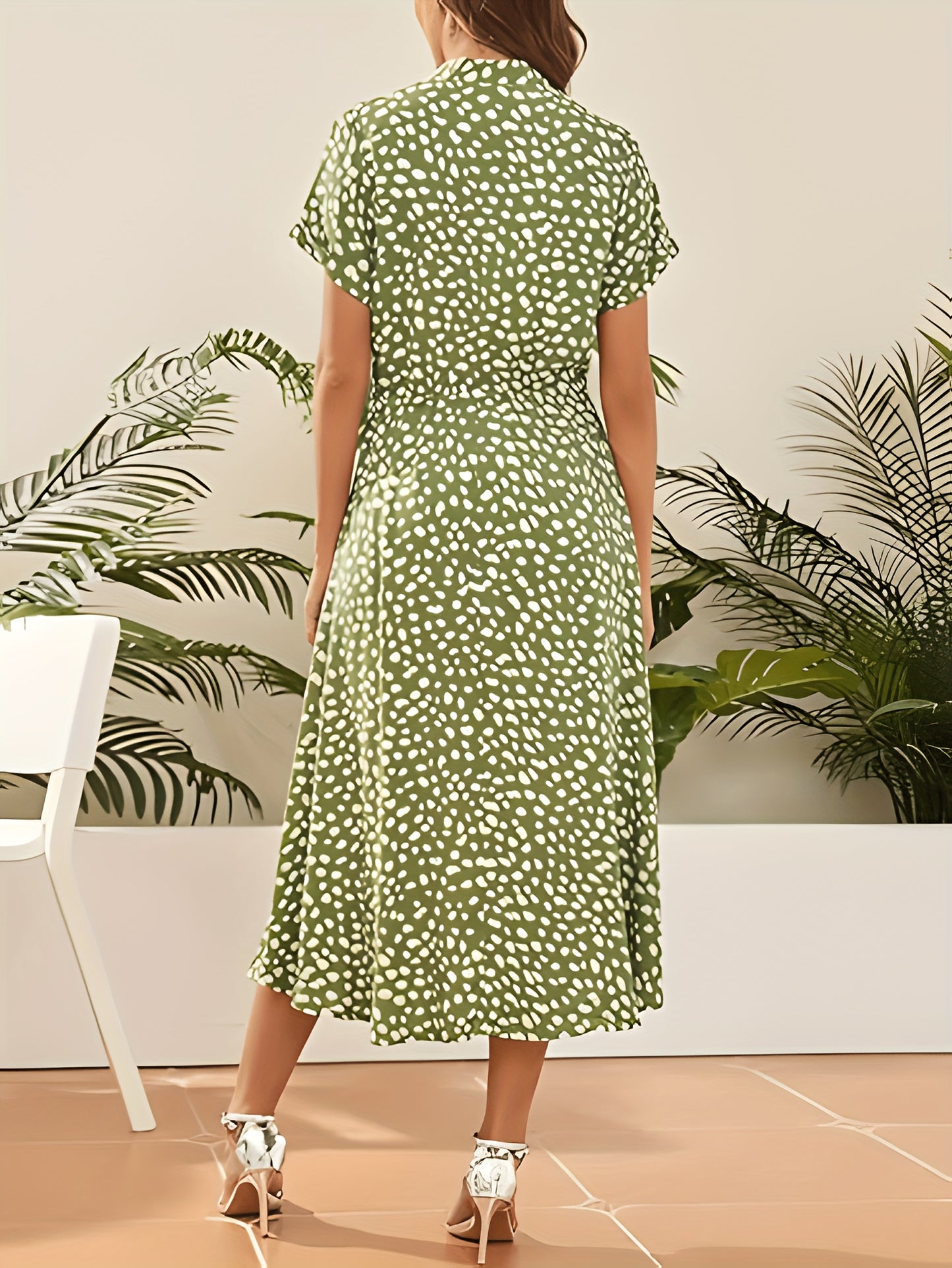 Bohemian Polka Dots Print Drawstring Midi Dress, Elegant Short Sleeve Dress For Spring and Summer, Women's Dress