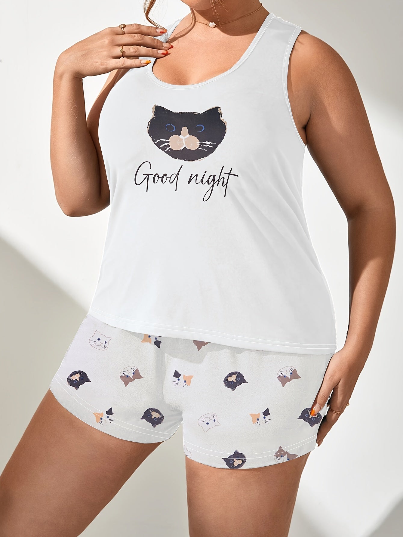 Plus Size Cute Goodnight Cat Pajamas Set - Flattering Plus Size Fit with Adorable Whimsical Cartoon Cat Pattern, Soft and Cozy Scoop Neck Design, Comfy Shorts for Ultimate Relaxation - Complete 2-Piece Pajama set