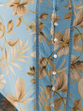 Elegant Blue Floral Print Short Sleeve Blouse For Spring & Summer, Women's Blouse