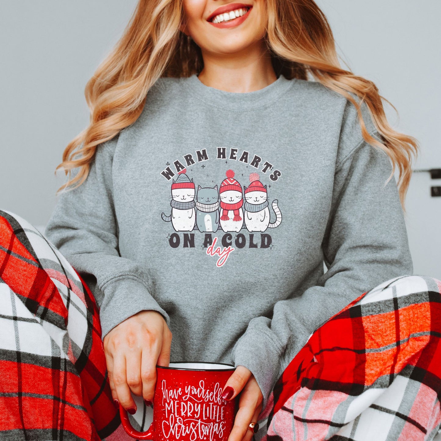 Christmas Cat Sweatshirt, Warm Hearts on a Cold Day Christmas Tree Sweatshirt, Cute Holiday Sweatshirt