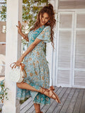 Bohemian Floral Buttoned Drawstring Midi Dress - Bohemian Midi Dress For Summer, Women's Dress