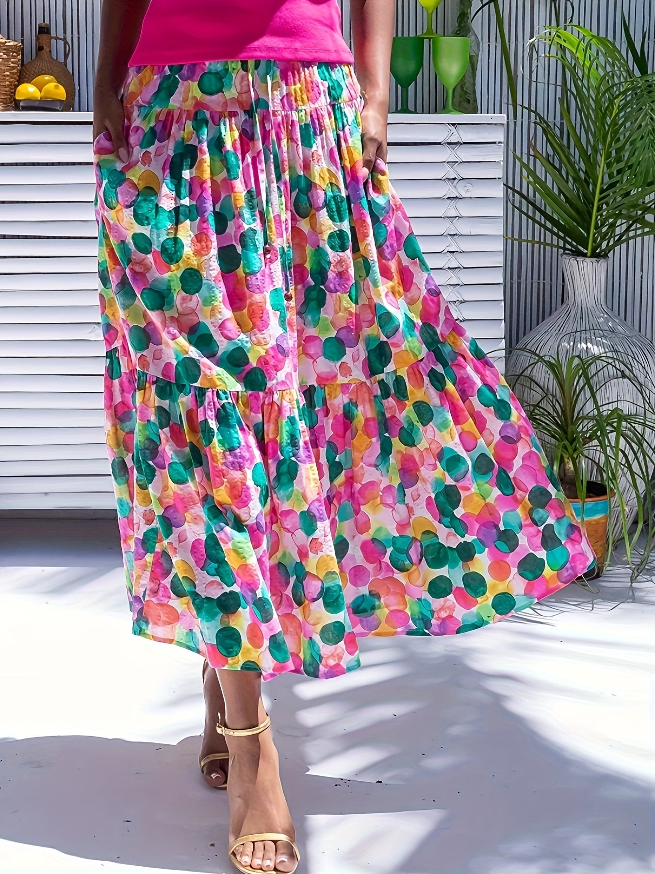 Elegant Floral Print Drawstring Swing Skirt, Vacation Skirt For Spring & Fall, Women's Skirt