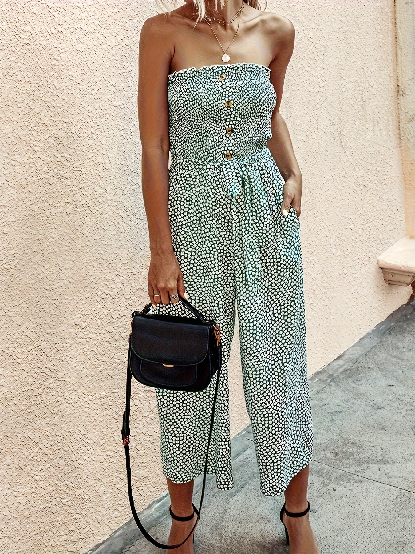 Bohemian Dot Print Off Shoulder Jumpsuit, Elegant Button Front Sleeveless Ruffle Jumpsuit For Spring and Summer, Women's Clothing