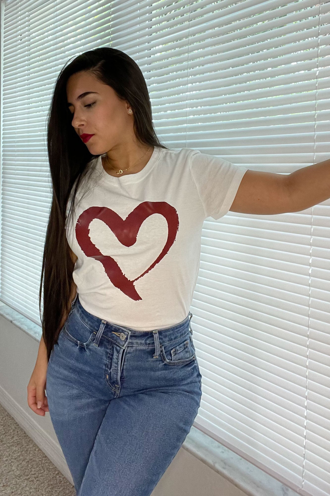 Love-Struck White Cotton Crewneck Shirt, Casual Heart T-Shirt