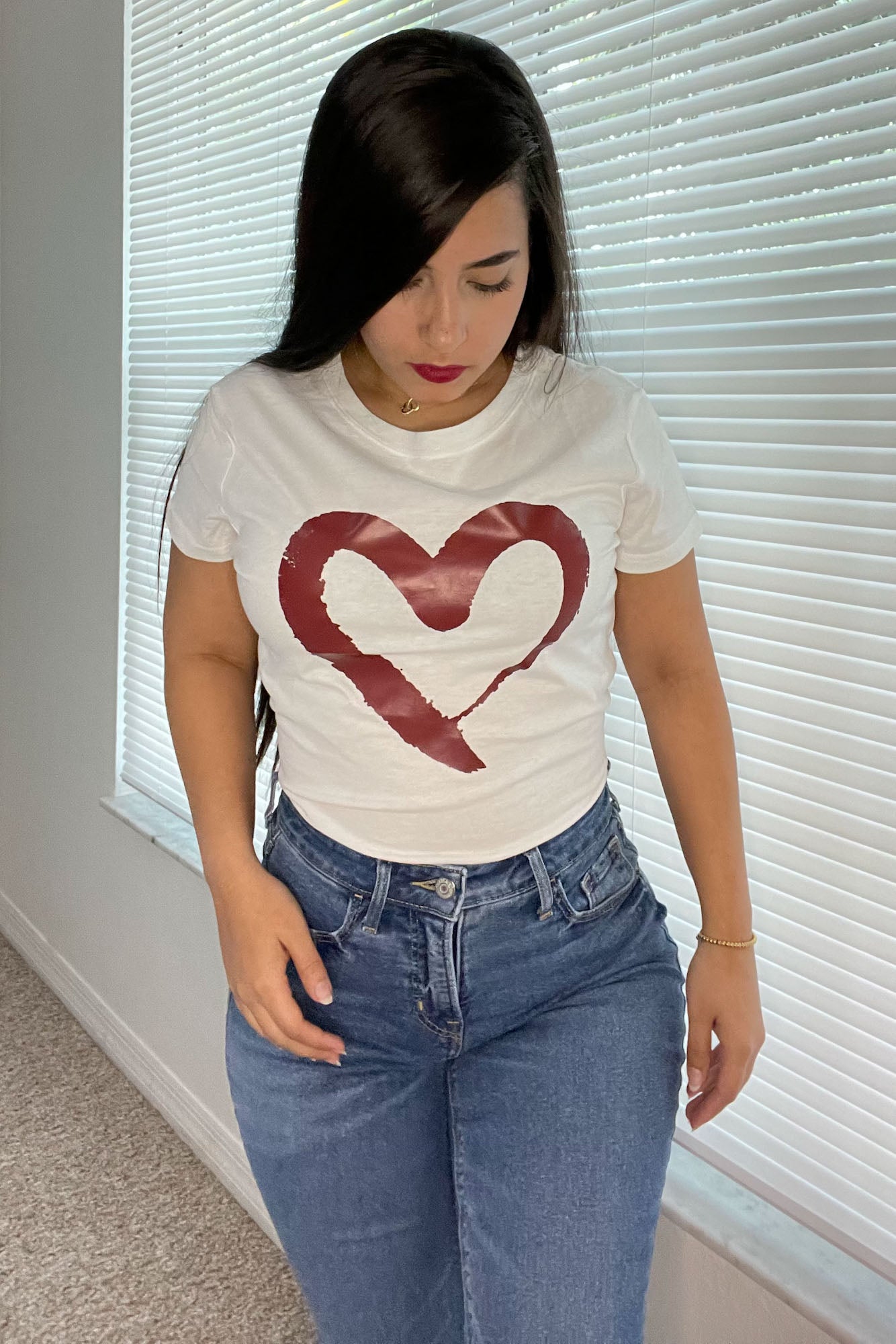 Love-Struck White Cotton Crewneck Shirt, Casual Heart T-Shirt