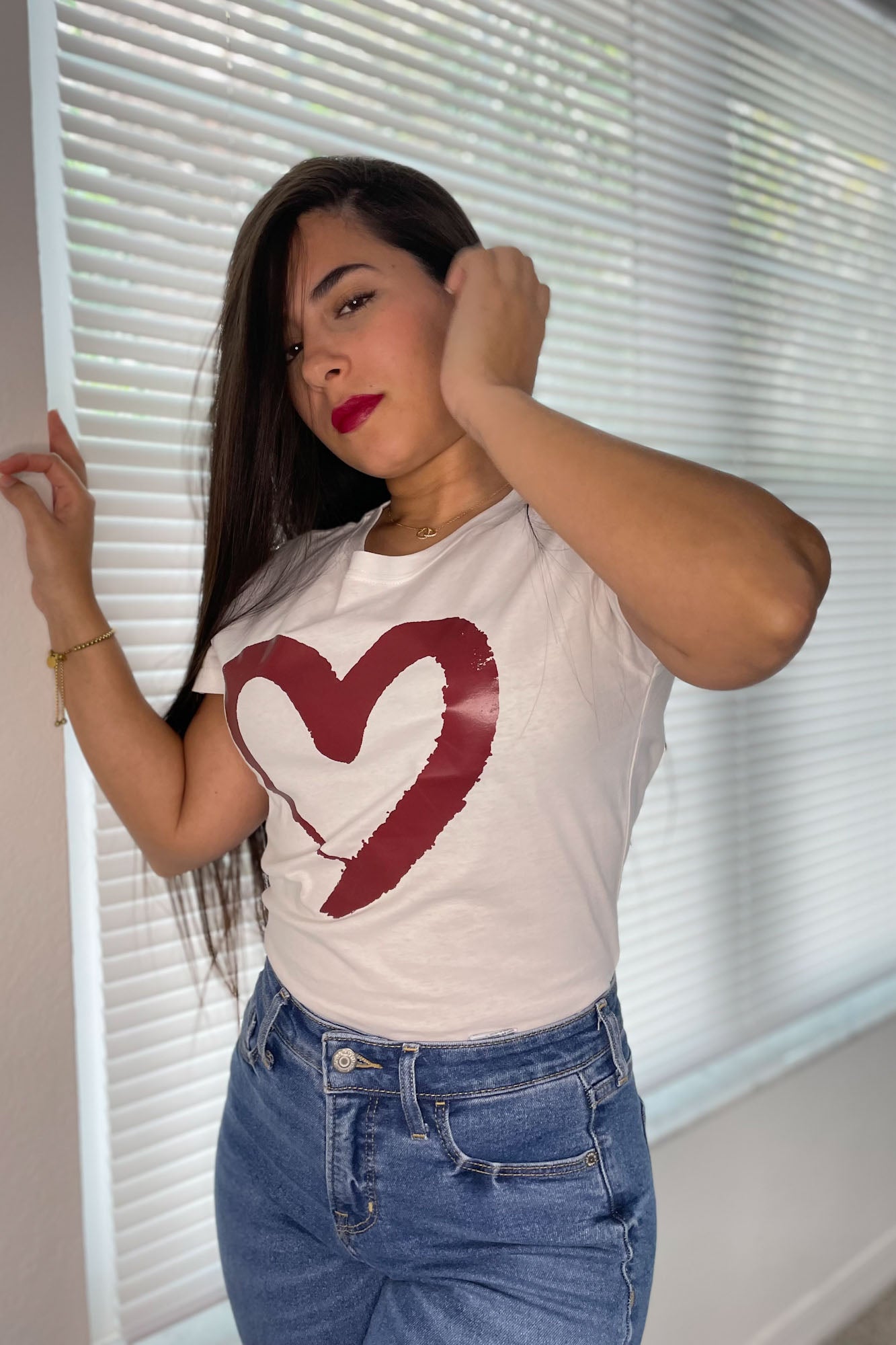 Love-Struck White Cotton Crewneck Shirt, Casual Heart T-Shirt