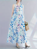 Bohemian Leaves Print Sleeveless Loose Dress With Pocket, Elegant Sleeveless Loose Dress For Spring & Summer, Women's Dress