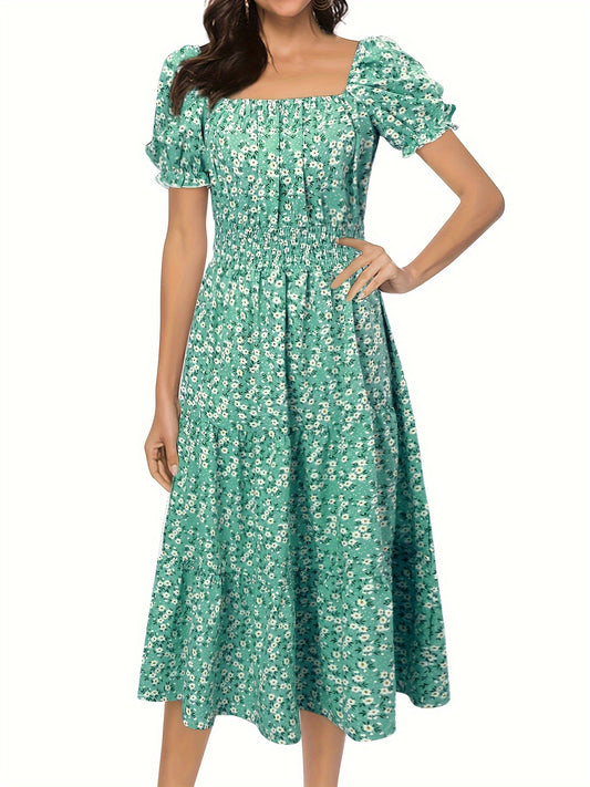 Ditsy Floral Print Square Neck Tiered Dress, Elegant Puff Sleeve Dress For Spring & Summer, Women's Boho Dress